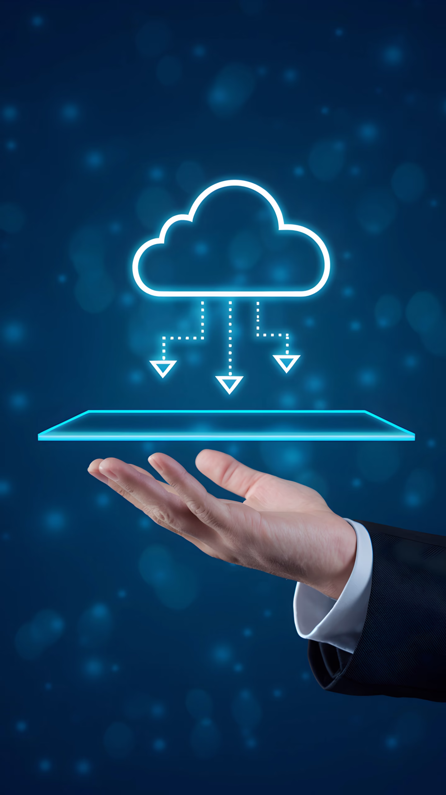 hand-suit-holds-transparent-platform-holographic-cloud-suggests-data-transfer-mobile